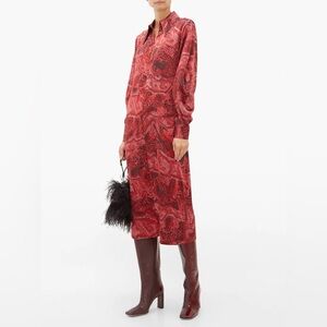 Ganni Red Snake Print Collared Midi Dress in Silk
